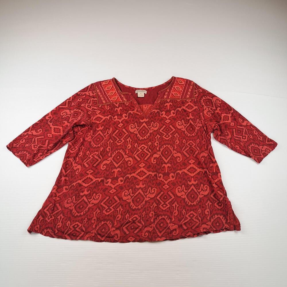 Lucky Brand Shirt Womens 1X Red Embroidered Boho Geometric Tunic 3/4 Sleeve Top